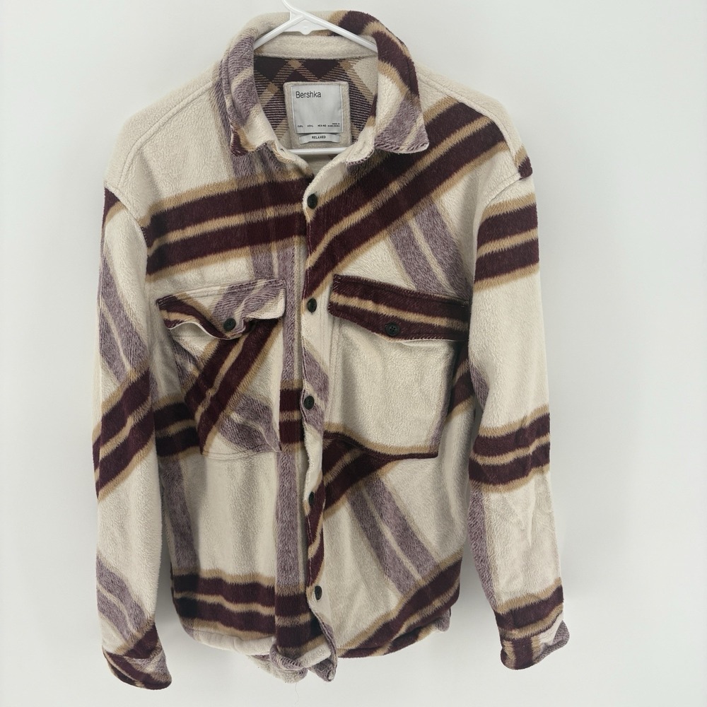 Bershka Women L Relaxed Fleece Plaid Overshirt Shirt Jacket Burgundy Cream